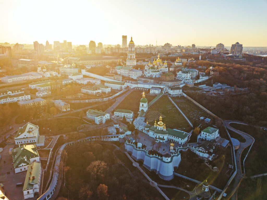 The Kiev Pechersk Lavra with historical cathedral of the monastery. Panoramic photography from the